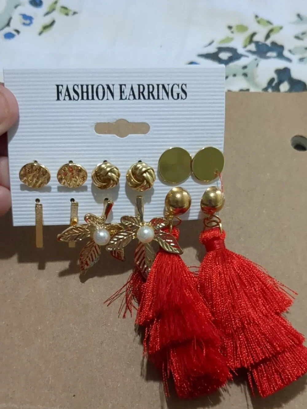 Red Tassel & Gold Floral Earring Set